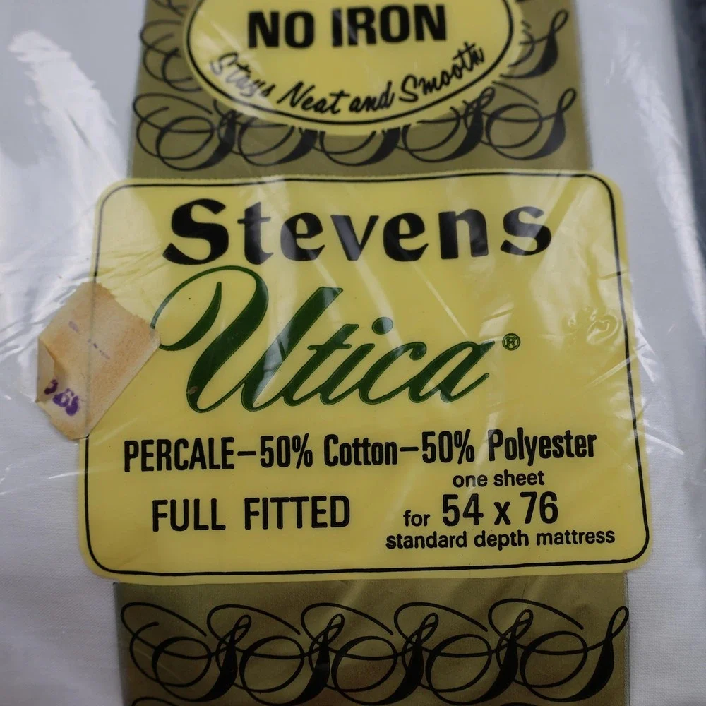 Vintage Stevens Utica Full Fitted Sheet 54x76 No‎ Iron Percale White USA Cotton